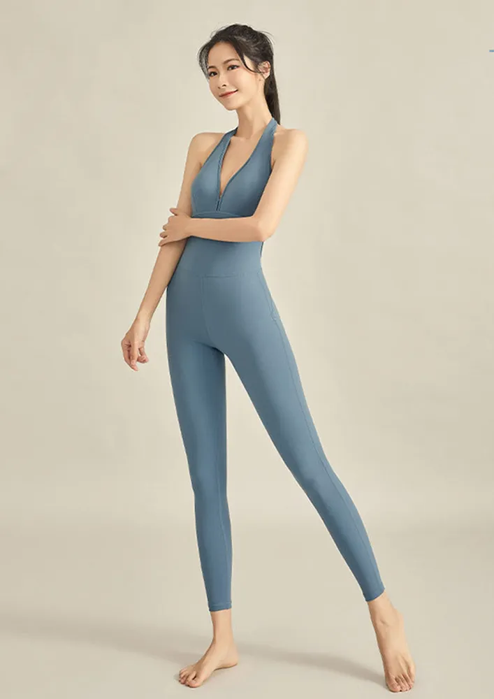 Blue Tie-up Halter Neck Activewear Jumpsuit