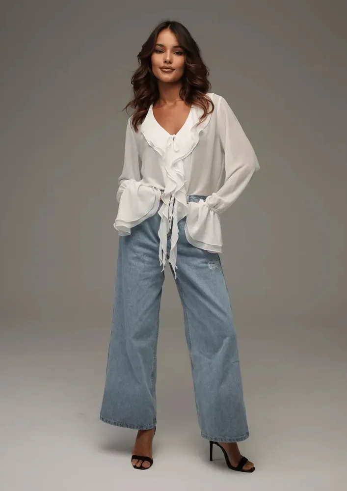 White Tie-up V-neck Blouse