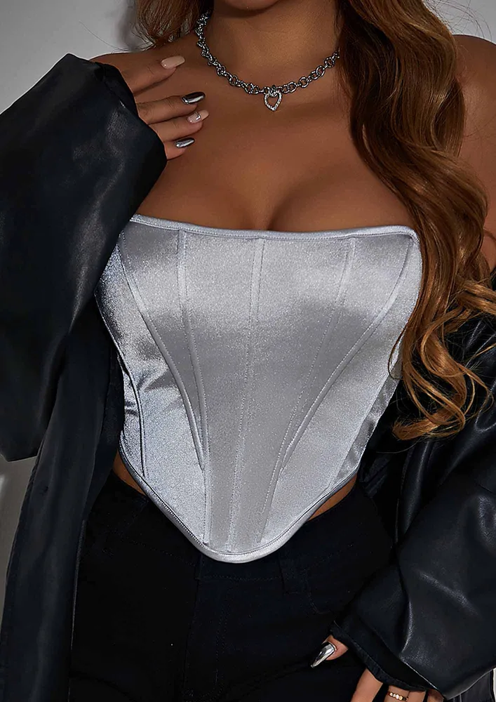 SILVER STRAPLESS IRREGUALR HEM SATIN CORSET