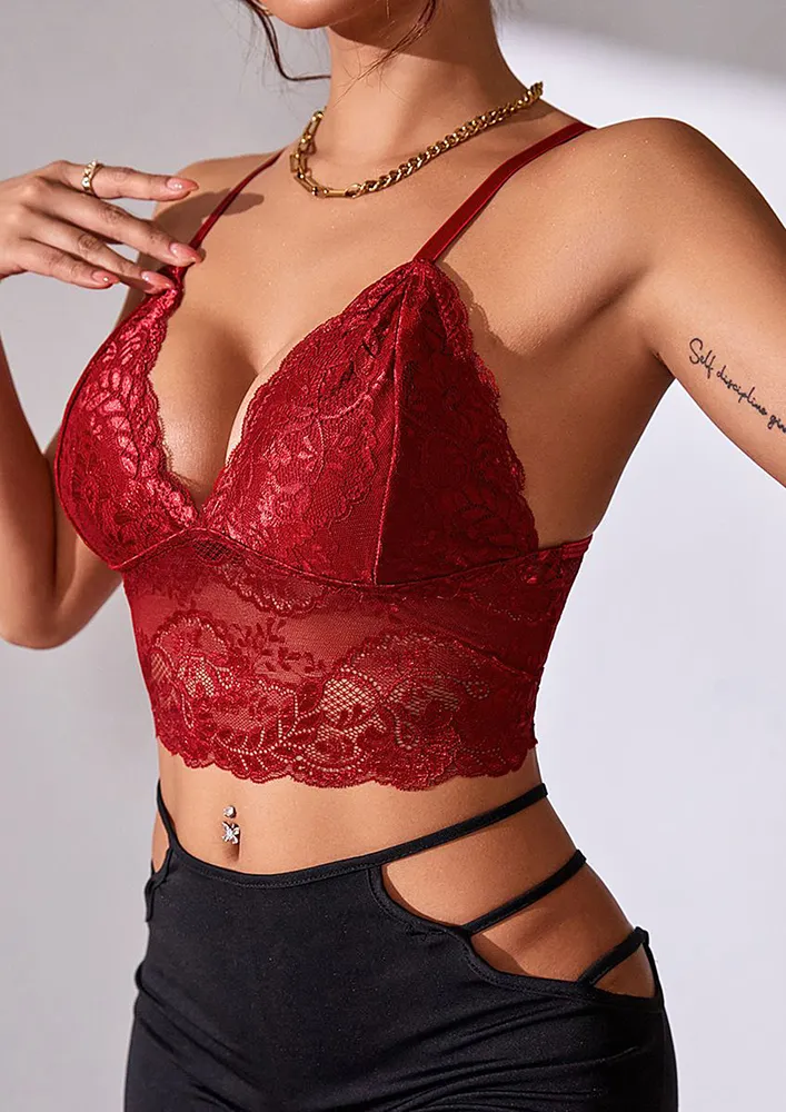 Deep V-neck Claret Lace Crop Top