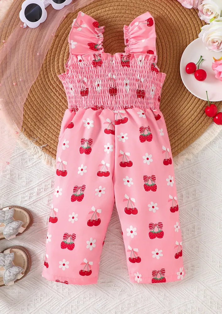 Smocked Pink Novelty Print Jumpsuit
