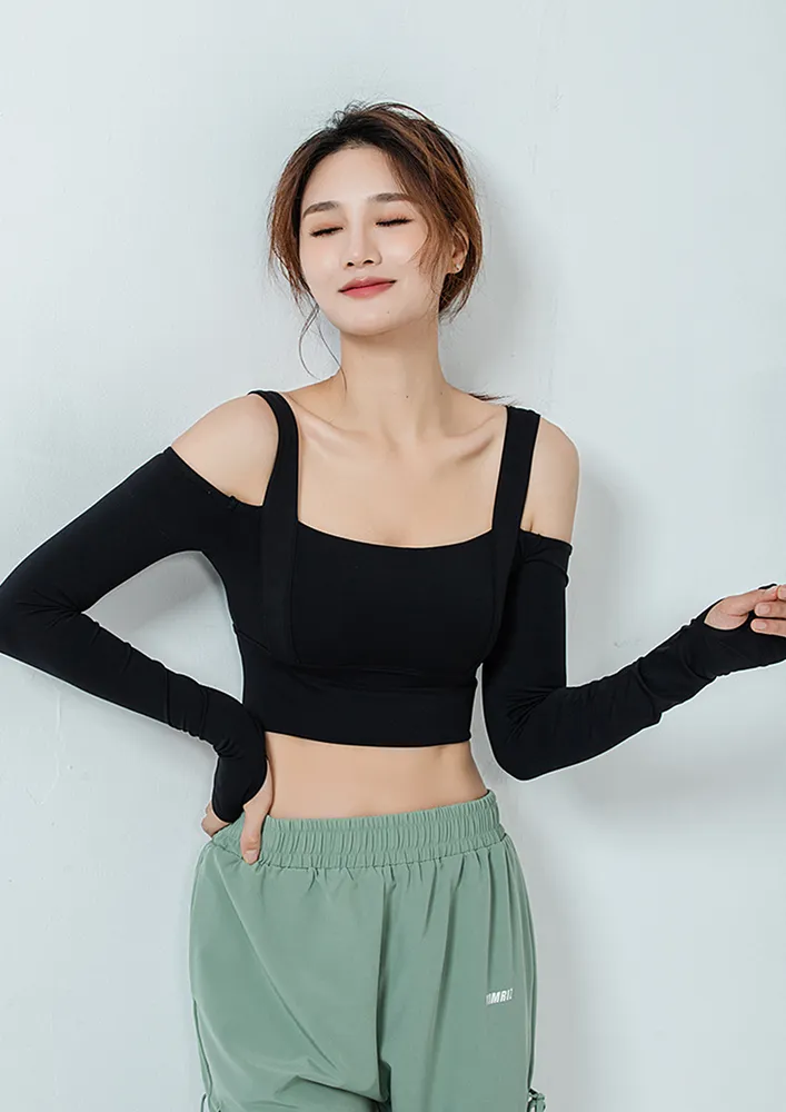 Black Cold-shoulder Sports Top W/ Thumbholes