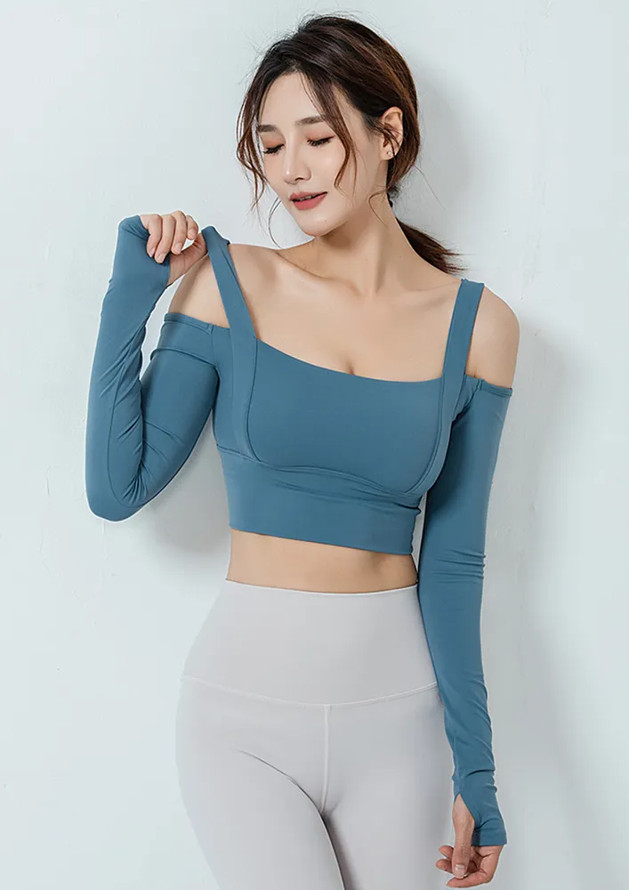 Blue Cold-shoulder Sports Top W/ Thumbholes