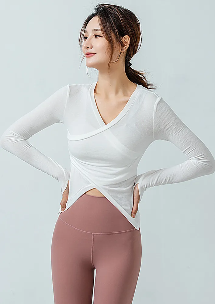 White V-neck Asymmetric Hem Sports Top