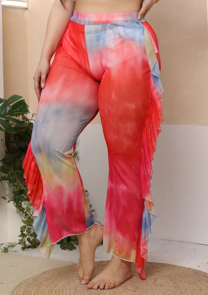 Tie-dye Flounce-trim Plus Size Beach Pants