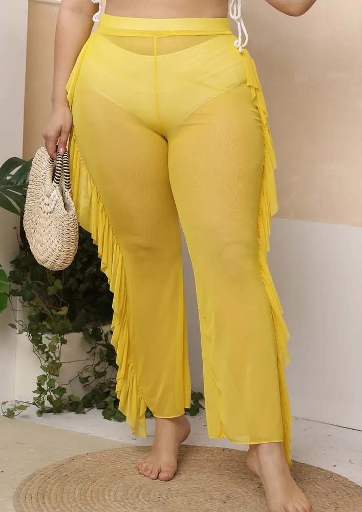 Yellow Flounce-trim Plus Size Sheer Beach Pants