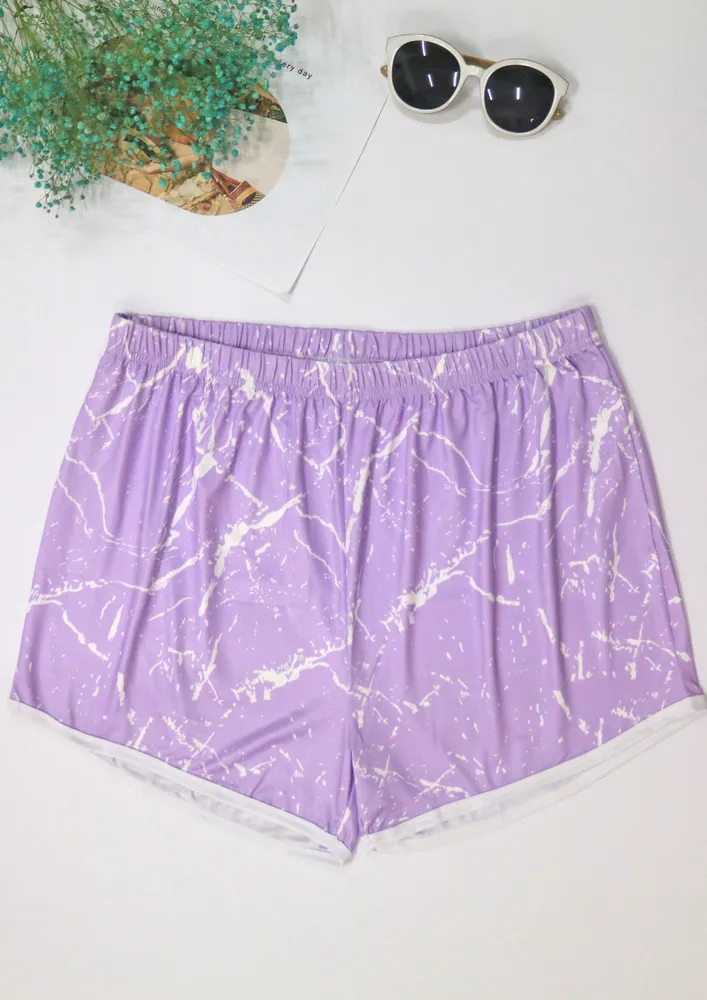 Purple Plus Size Marble Print Beach Shorts