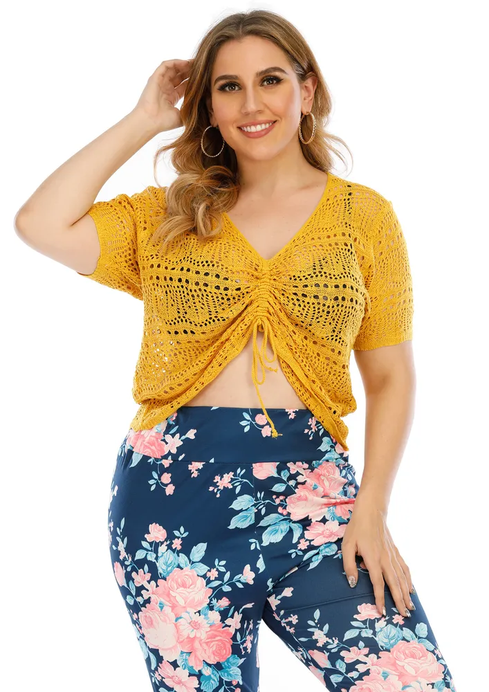 PLUS SIZE YELLOW DRAWSTRING CROP TOP