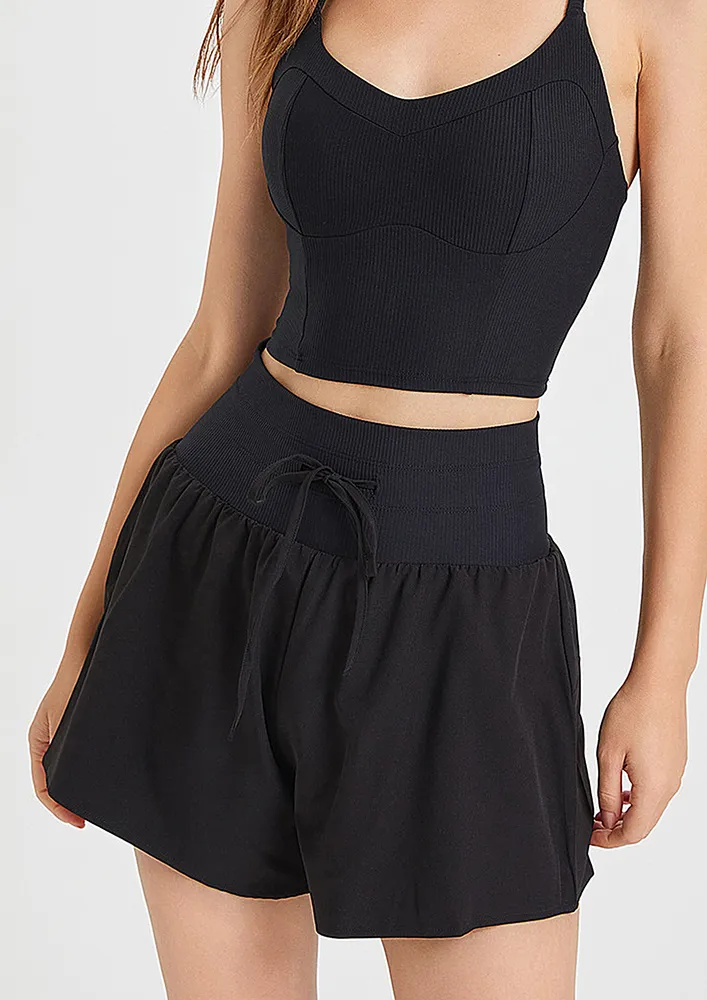 Black Wide Leg High-waisted Sports Shorts