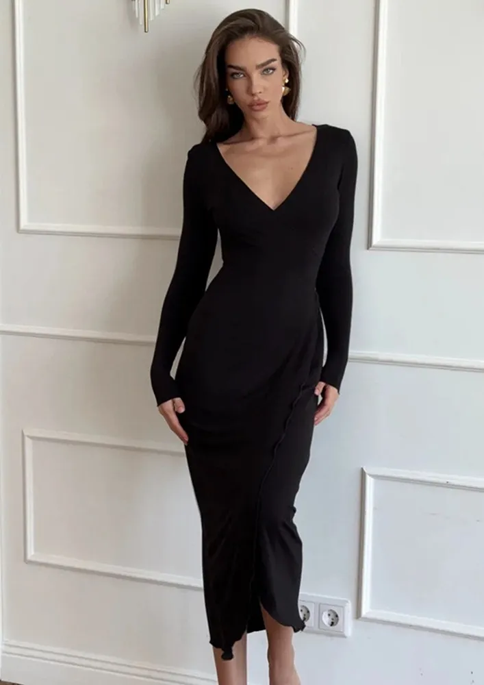 Black Deep V-neck Midi Dress