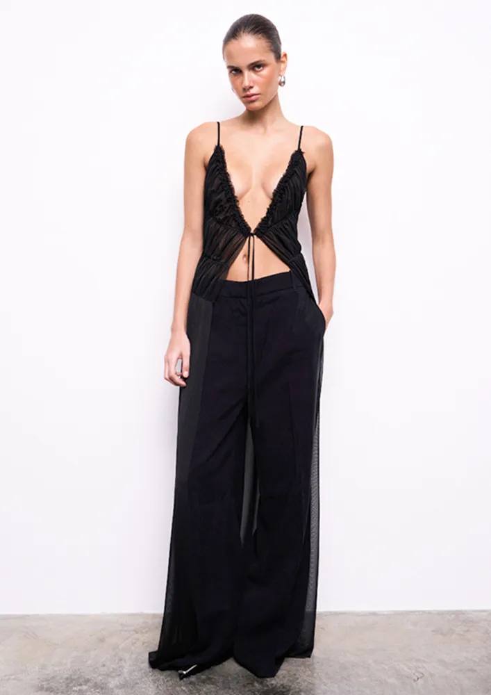 Black Plunge Neck Long Slit Maxi Top