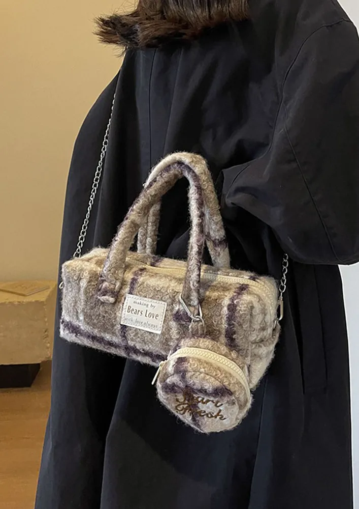 PURPLE RECTANGULAR FLEECE DOUBLE-HANDLE BAG