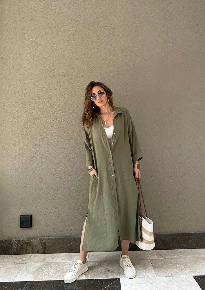 Khaki Polo Collar Maxi Shirt Dress