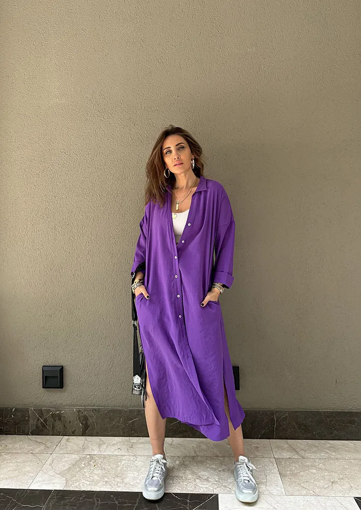 Purple Polo Collar Maxi Shirt Dress