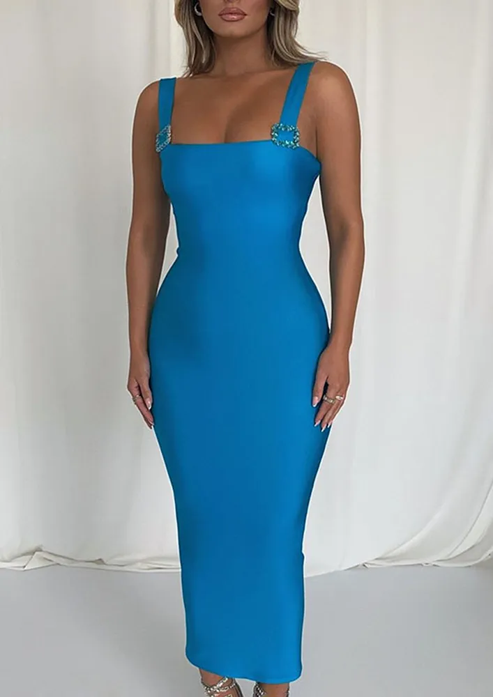 BLUE SQUARE NECK BODYCON MAXI DRESS
