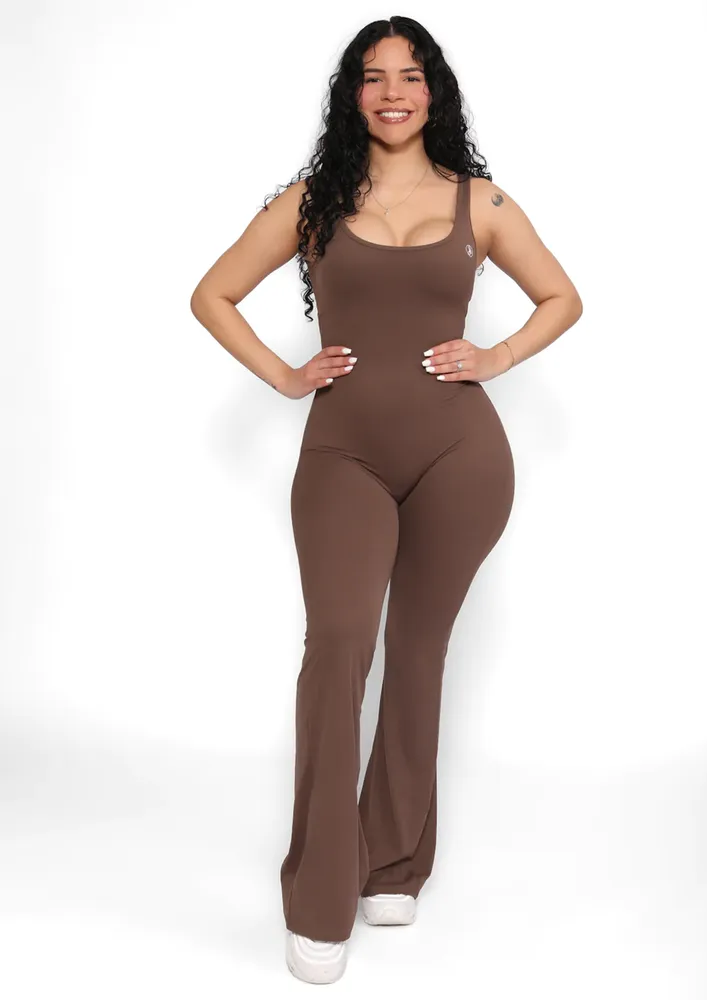 Brown U-neck Cut-out Flare Jumpsuit