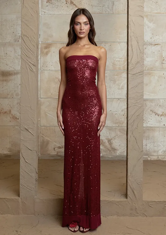 Claret Sequin Long Bandeau Dress
