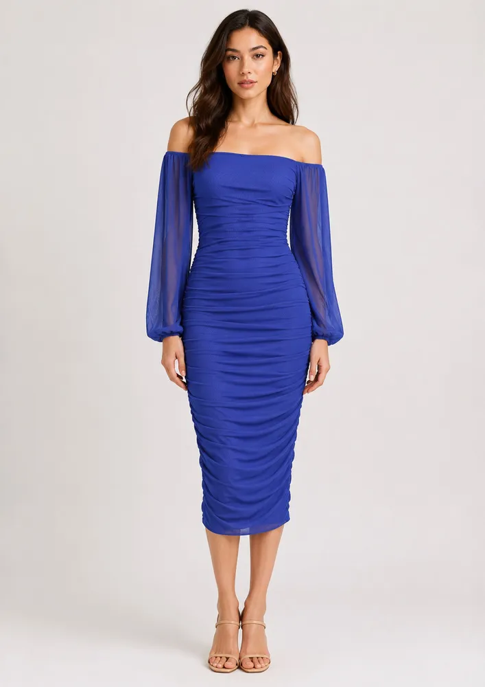 RUCHED BODYCON LONG SLEEVE BLUE DRESS