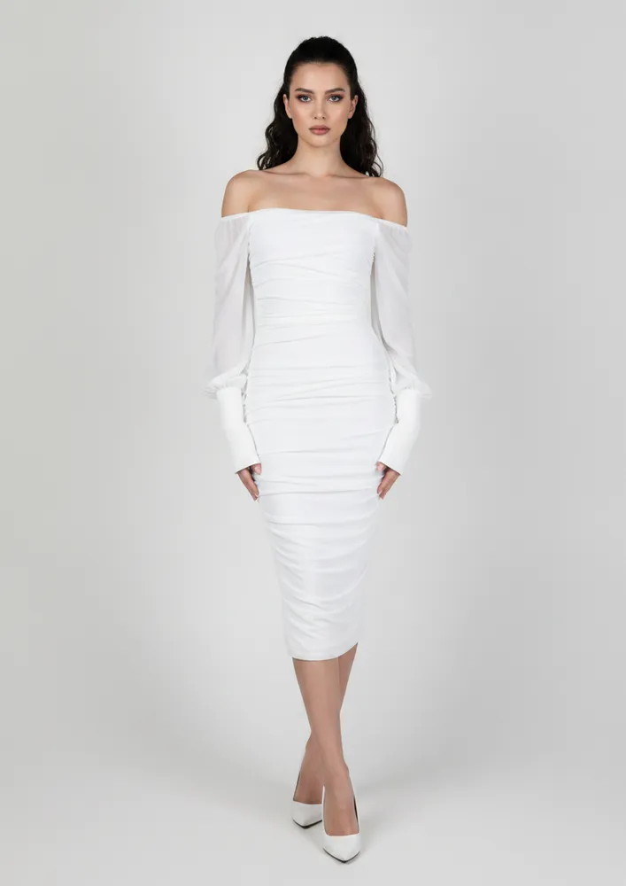 RUCHED BODYCON LONG SLEEVE WHITE DRESS