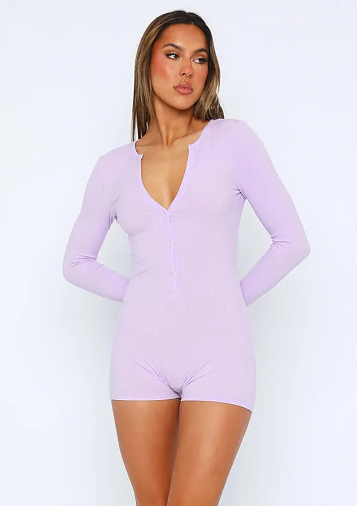 Ribbed Purple Buttoned Front Playsuit