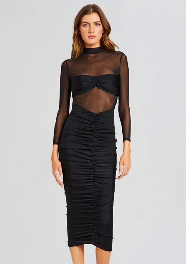 Black Ruched Detail Semi-sheer Dress