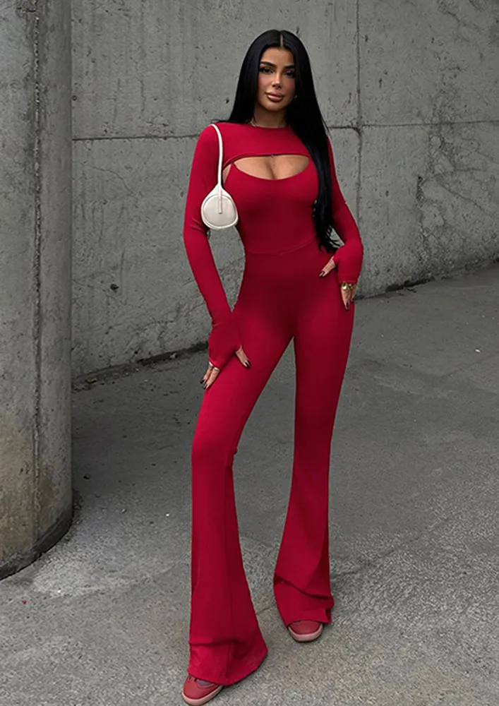 Red Flared Jumpsuit & Bolero Set