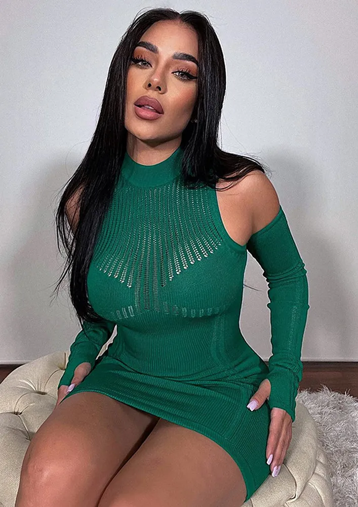 GREEN COLD SHOULDER SLEEVE BODYCON DRESS