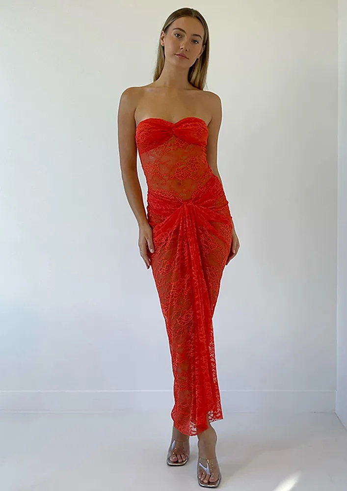 ORANGE DRAPED MAXI BANDEAU DRESS