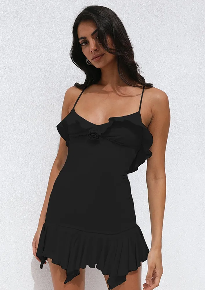 Black Flounce-trim Strappy Dress