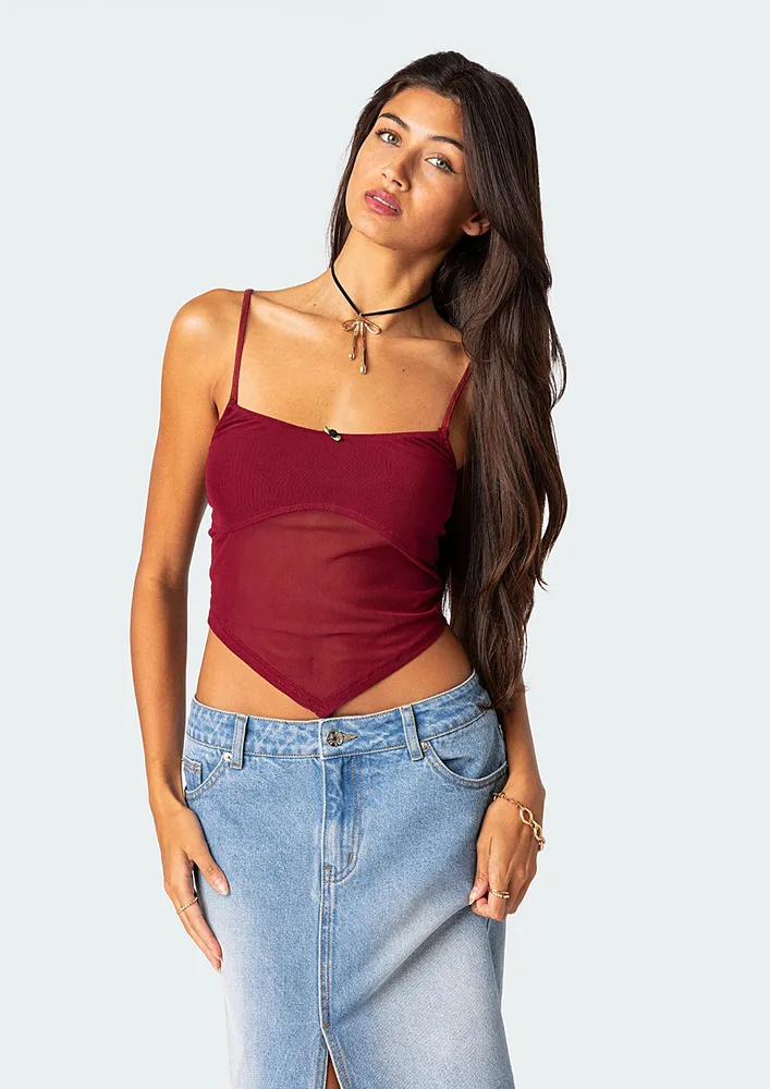 Red Sheer V-shape Hem Crop Top