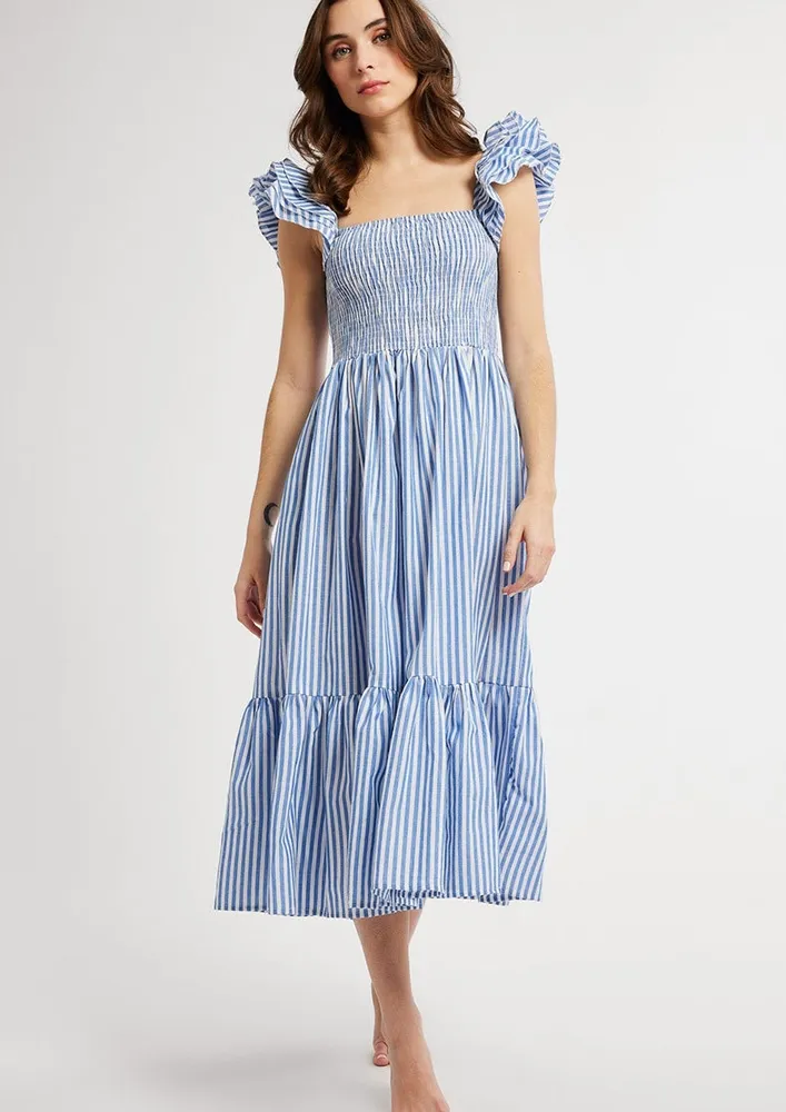 Blue Striped Ruffle Detail Midi Dress