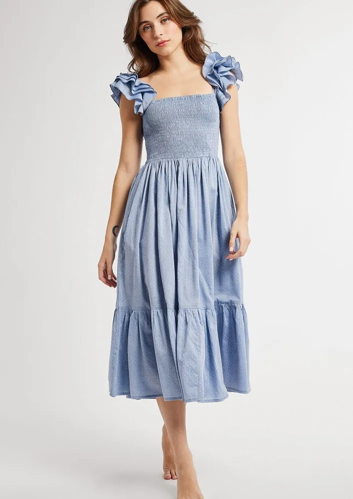 Blue Pin Dot Pattern Ruffle Detail Midi Dress