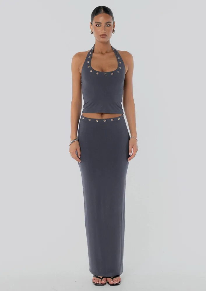 Grey Studded Halter Neck Top