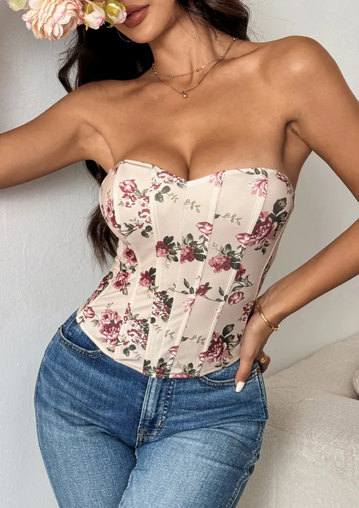 FLORAL PRINT STRAPLESS KHAKI CORSET TOP