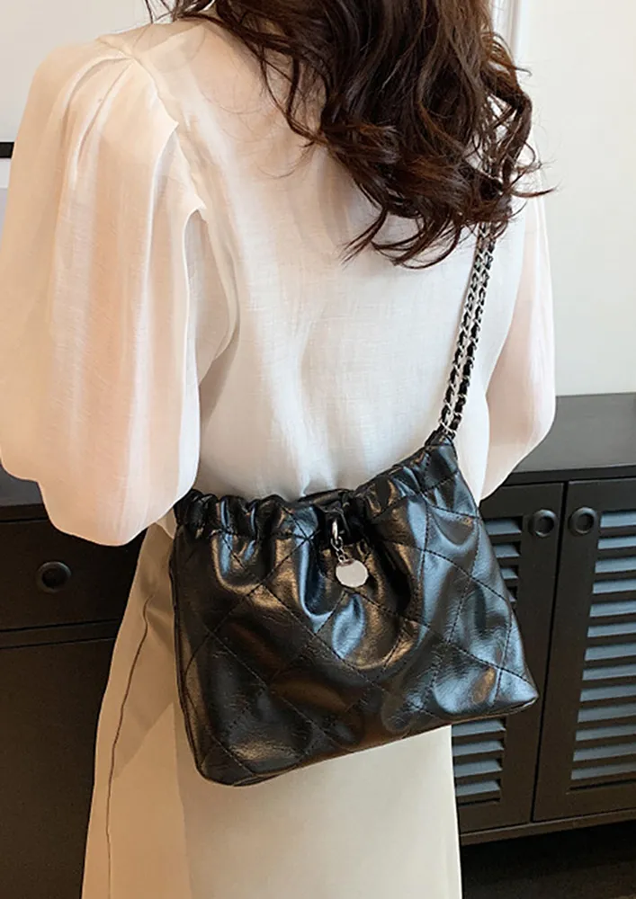 RHOMBUS PU BLACK CROSSBODY BUCKET BAG