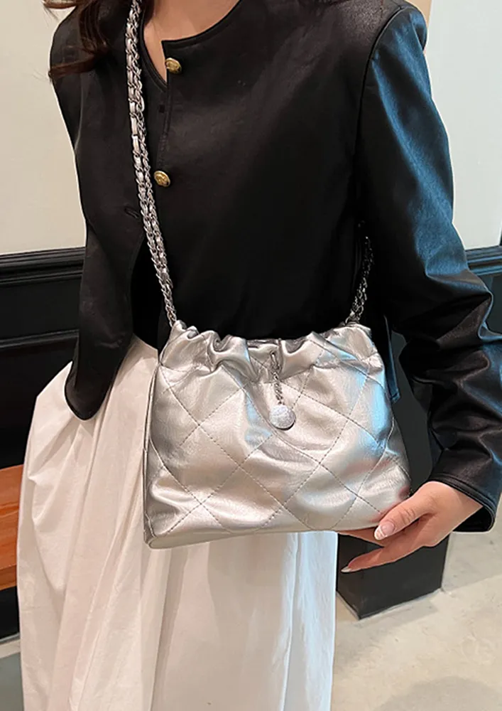 RHOMBUS PU SILVER CROSSBODY BUCKET BAG