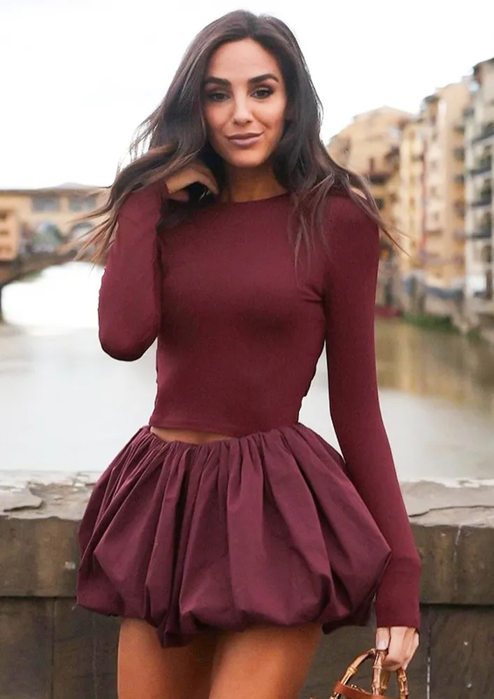 Claret Fitted T-shirt With Mini Bubble Skirt