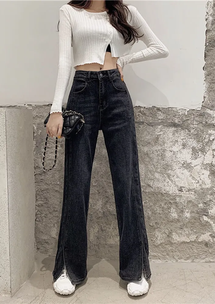 Grey High-rise Straight Slit-front Jeans