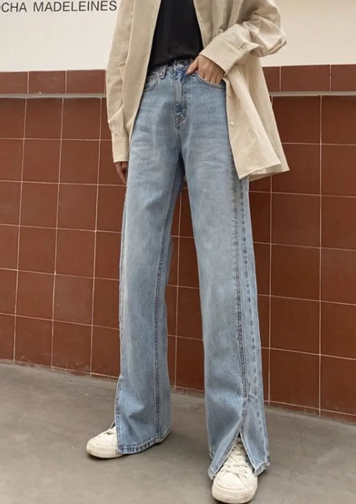 Light Blue Straight Slit-front Jeans