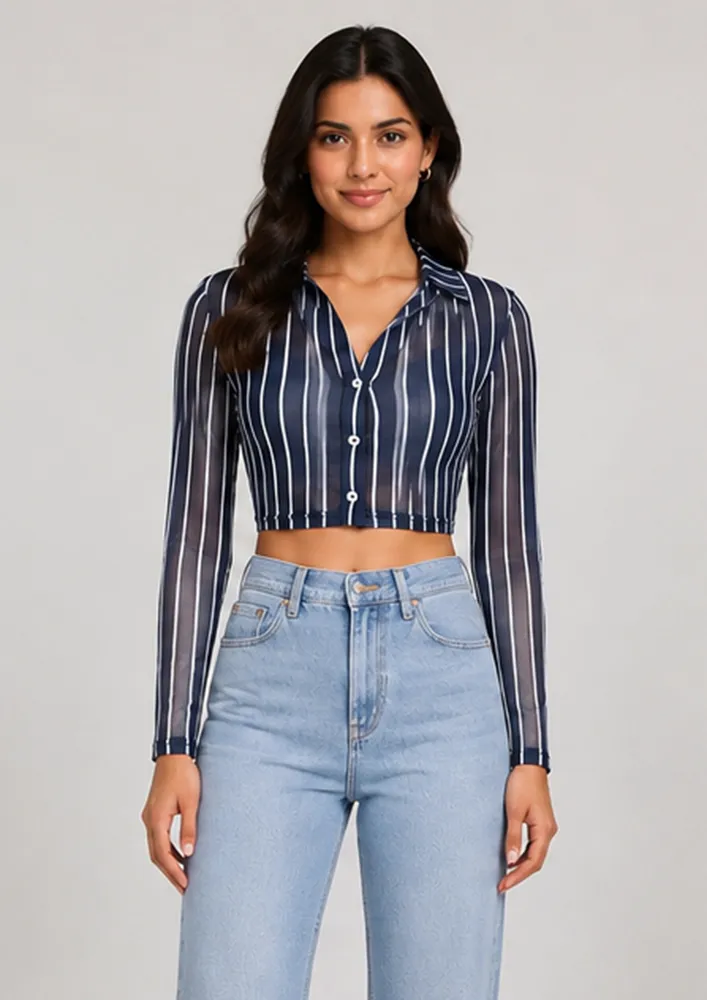 BLUE STRIPED CROPPED SHIRT