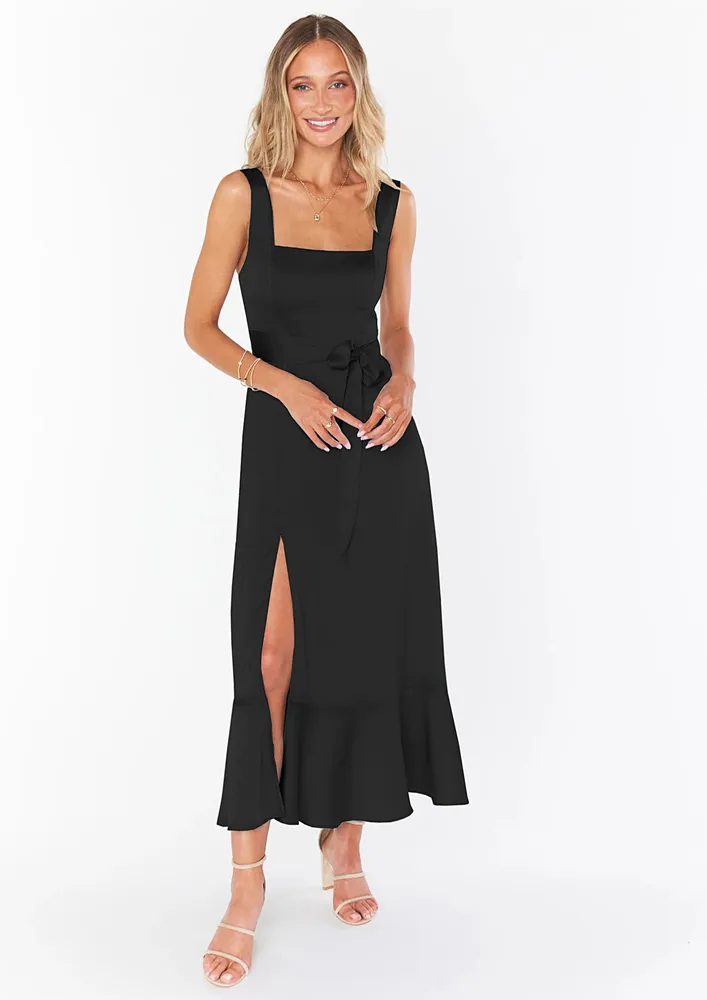 Tie-up Shoulder Black Polyester Dress