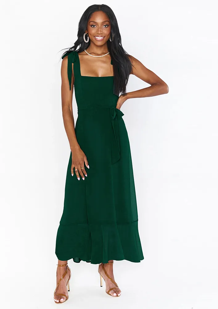 Tie-up Shoulder Dark Green Polyester Dress