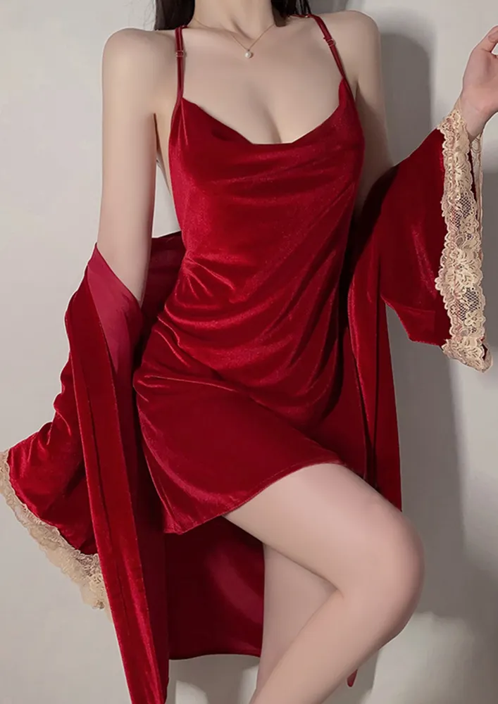 Red Free Size V-neck Night Robe W/ Waist Tie