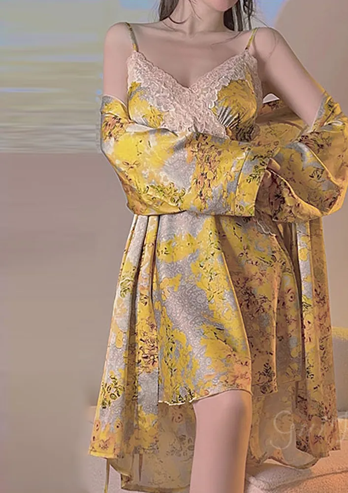 Printed Yellow Mid-length Night Robe