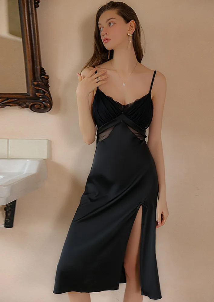 Black Strappy Mesh Spliced Nightdress