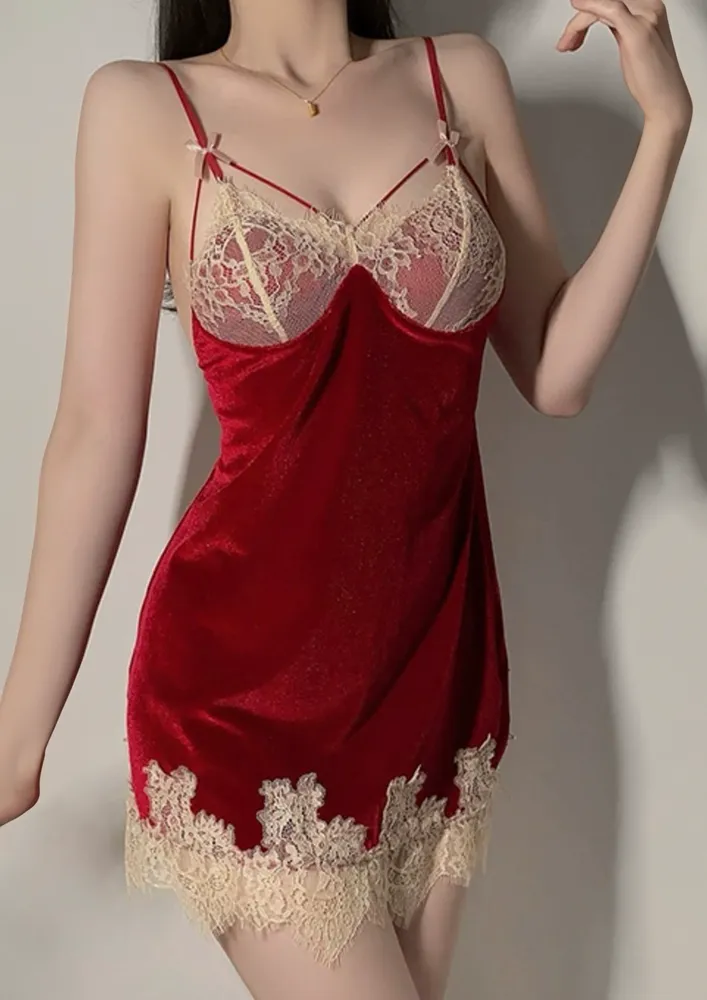 Red Contrast Lace-trimmed Nightdress