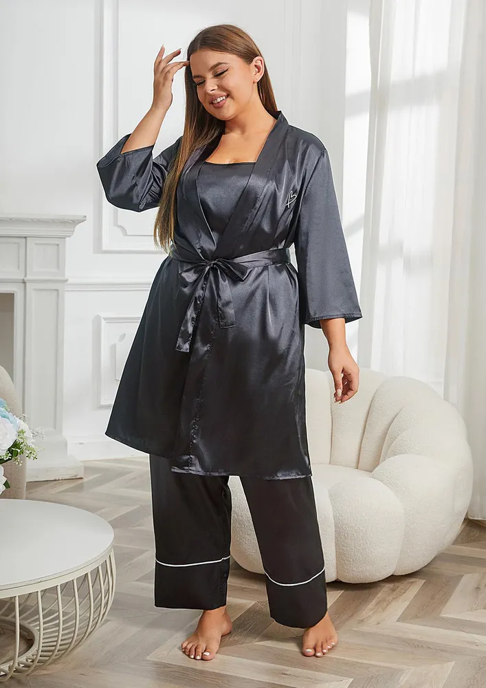 Satin Black Three Piece Pyjama Set