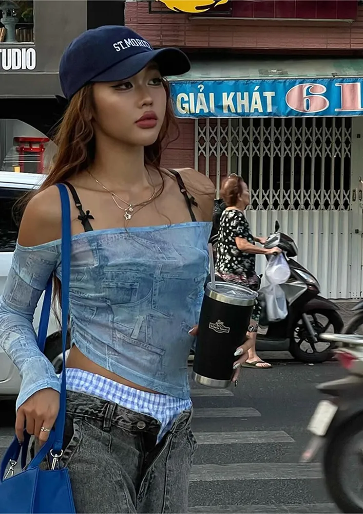 Light Blue Printed One-shoulder Top