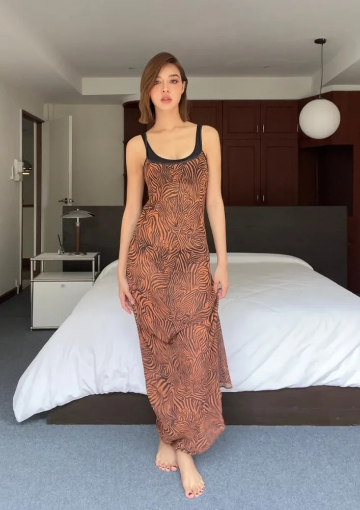 Printed Brown Strappy Maxi Dress