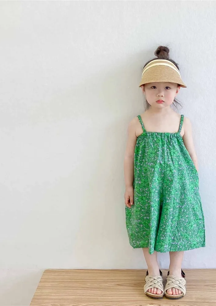 Girls Printed Green Strappy Jumpsuit
